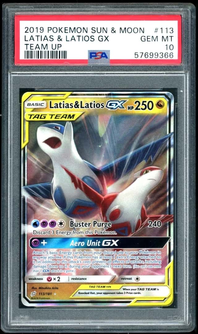 2019 POKEMON LATIAS & LATIOS GX TEAM UP SUN & MOON #113 PSA 10