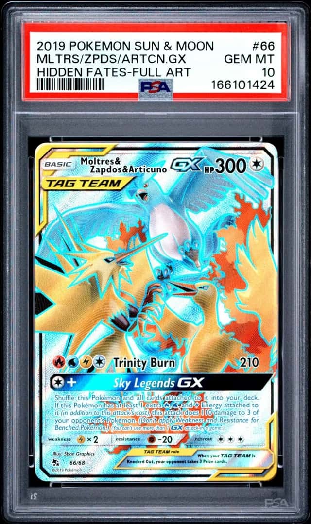 POKEMON SUN & MOON HIDDEN FATES FULL ART/MOLTRES & ZAPDOS & ARTICUNO GX PSA 10