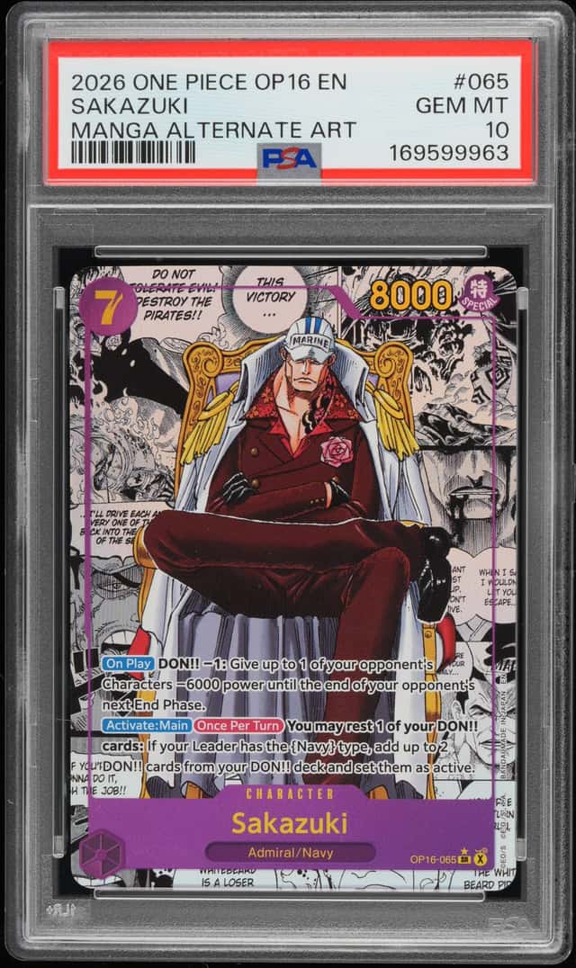 2026 One Piece OP16 The Time of Battle Manga Alternate Art #065 Sakazuki PSA 10