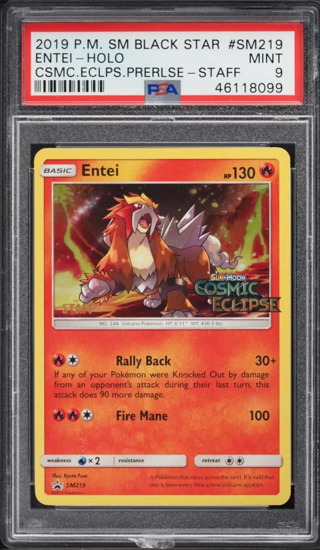 2019 Pokemon SM Black Star Promo Cosmic Eclipse Prerelease Staff Holo Entei #SM219 PSA 9 MINT