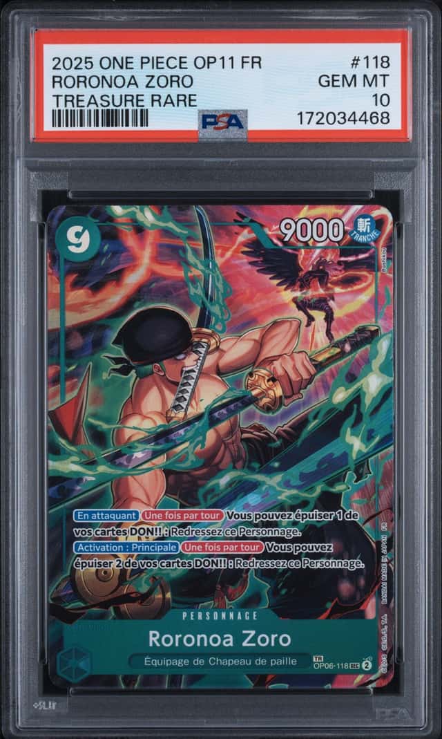 ONE PIECE RORONOA ZORO 2025 FRA OP11-A FIST OF DIVINE SPD #118 TREAS RARE PSA 10