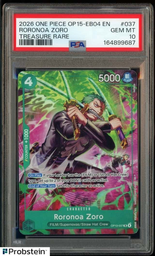 2026 Bandai One Piece TCG Roronoa Zoro OP13-037 Treasure Rare EN OP15 PSA 10