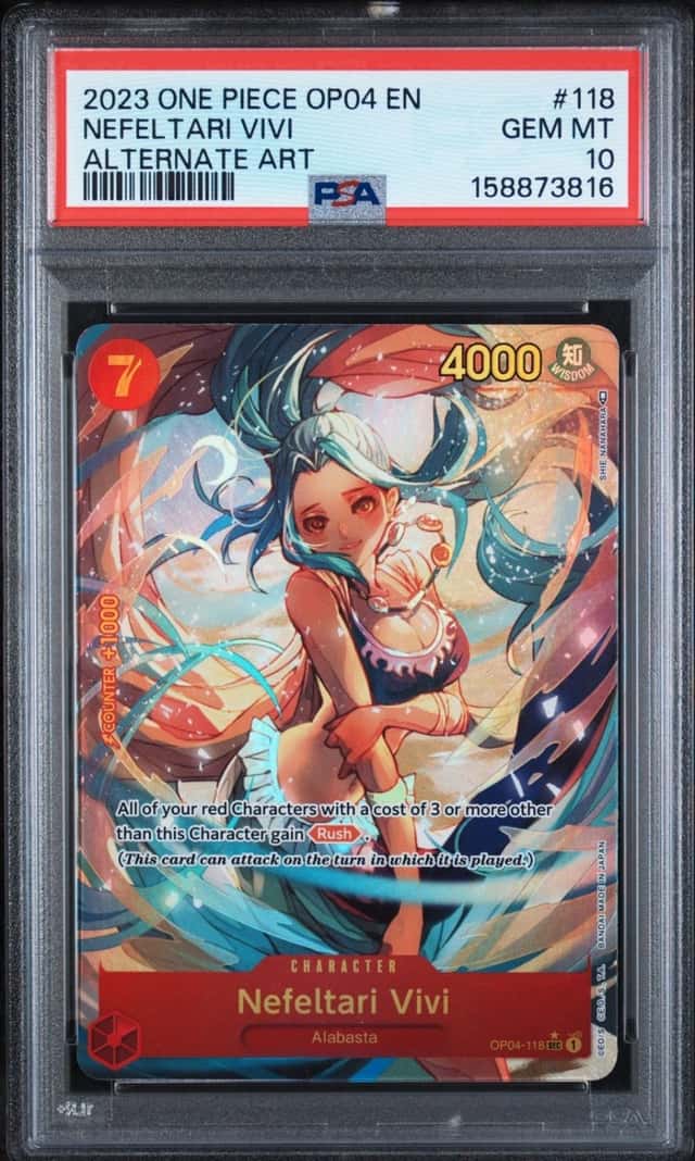 2023 ONE PIECE OP04-KINGDOMS OF INTRIGUE ALTERNATE ART NEFELTARI VIVI PSA 10