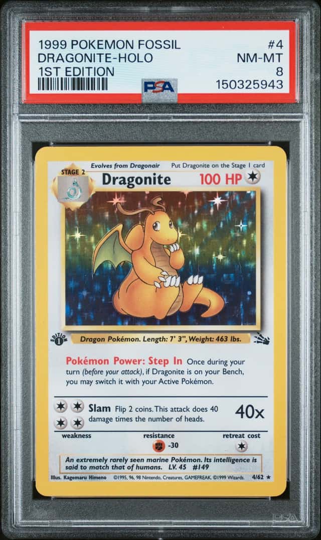 1999 Pokemon Fossil Dragonite 4/62 Holo 1st Edition PSA 8