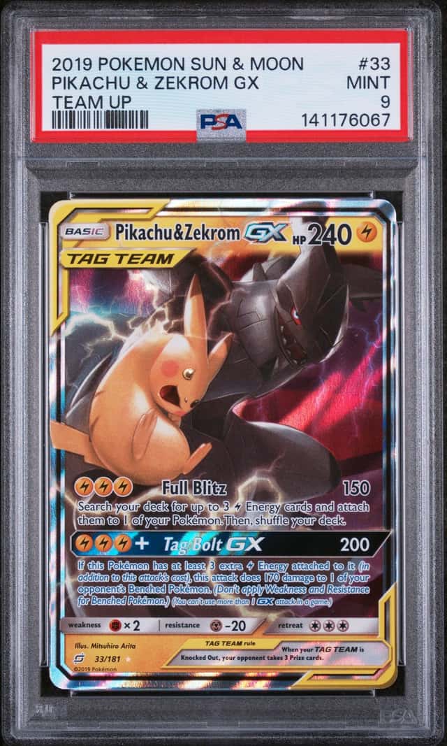 2019 POKEMON SUN & MOON TEAM UP #33/181 PIKACHU & ZEKROM GX TAG TEAM HOLO PSA 9