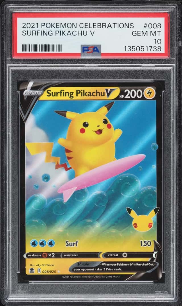 2021 Pokemon Sword & Shield Celebrations Holo Surfing Pikachu V #8 PSA 10 GEM MINT