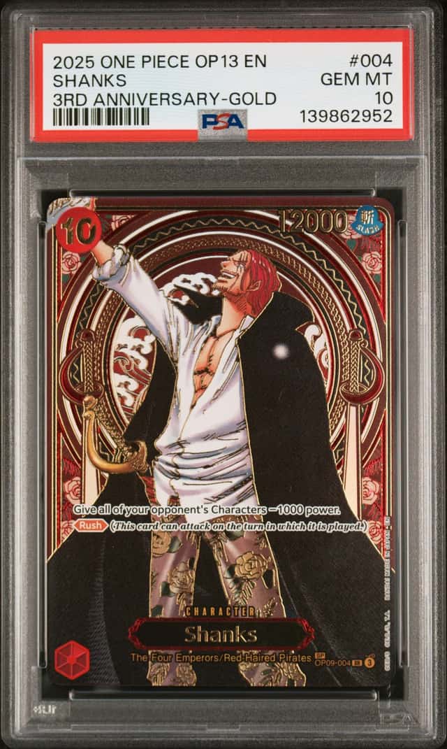 2025 One Piece OP13 EN 3rd Anniversary Gold #004 Shanks PSA 10 GEM MINT