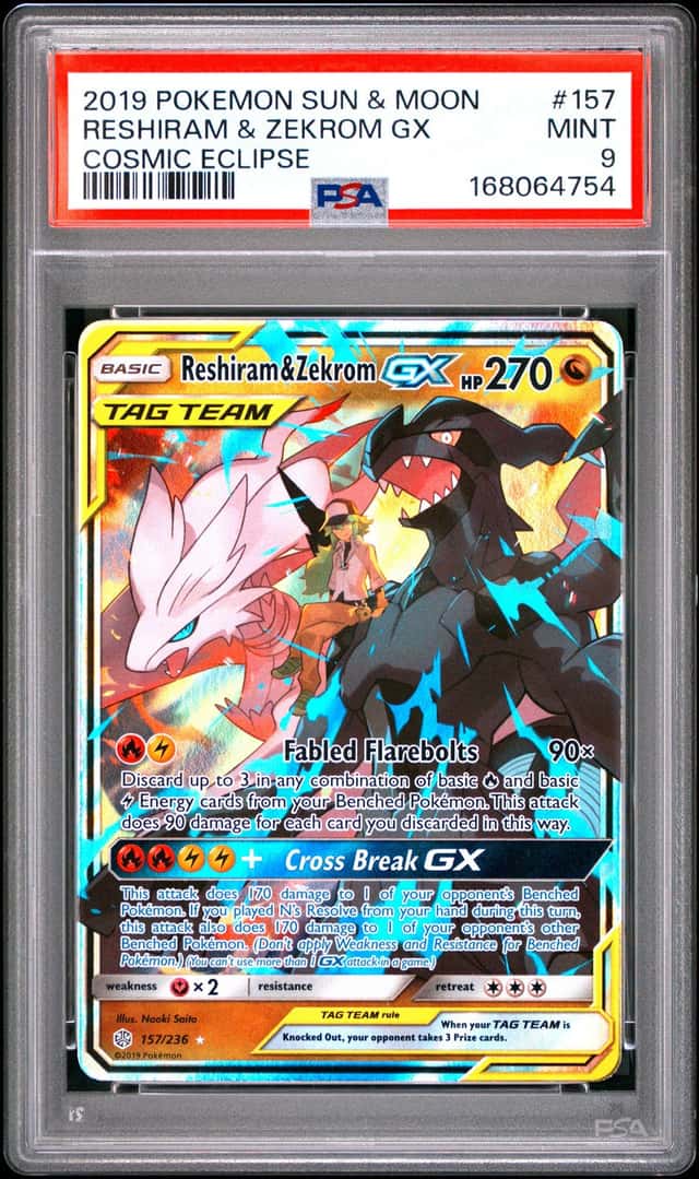 Pokémon Sun & Moon (2019) Cosmic Eclipse Reshiram & Zekrom GX #157 PSA 9 Mint