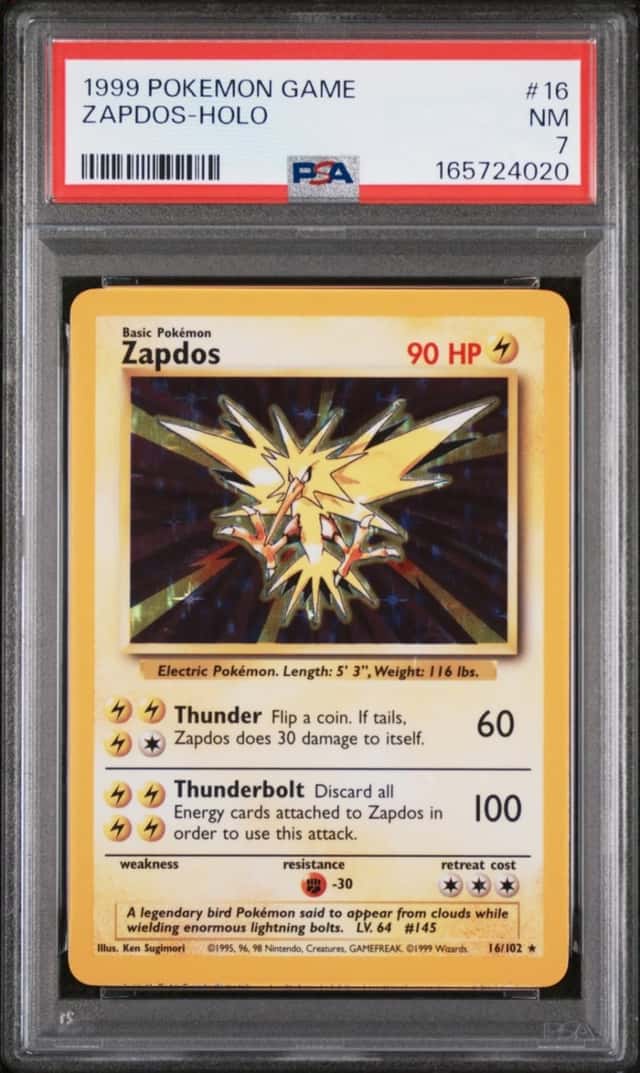 1999 POKEMON BASE SET UNLIMITED #16 ZAPDOS-HOLO PSA 7