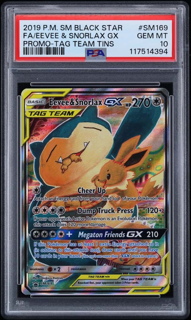2019 Pokemon Sun & Moon Promo Tag Team Tins Full Art Eevee & Snorlax GX #SM169 PSA 10 GEM MINT