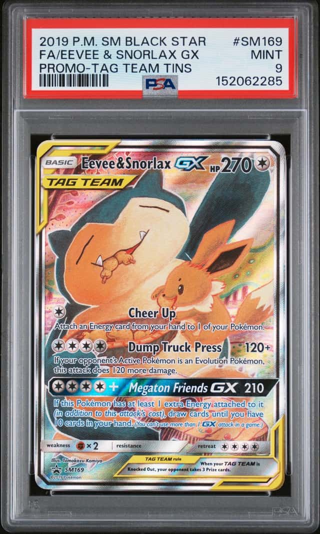 2019 Pokemon FA Eevee & Snorlax GX SM169 SM Black Star Promo TAG TEAM PSA 9