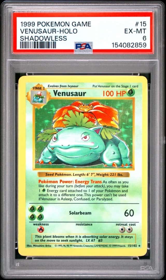 POKEMON VENUSAUR-HOLO SHADOWLESS 1999 GAME BASE SET #15 PSA 6
