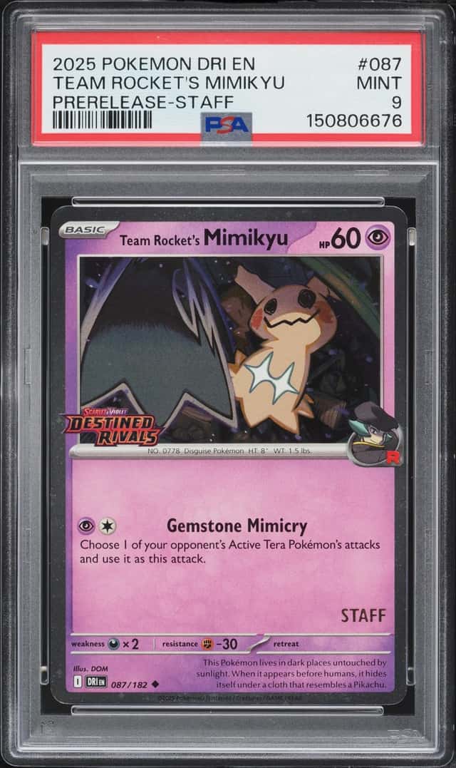 2025 Pokemon Scarlet & Violet Destined Rivals Prerelease Staff Team Rocket's Mimikyu #87 PSA 9