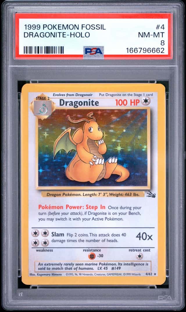 1999 POKEMON FOSSIL #4 DRAGONITE-HOLO PSA 8