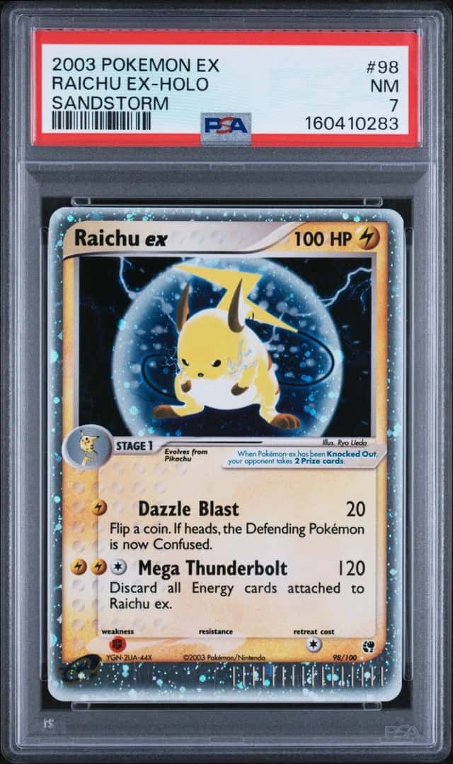 2003 POKEMON EX SANDSTORM #98 RAICHU EX-HOLO PSA 7