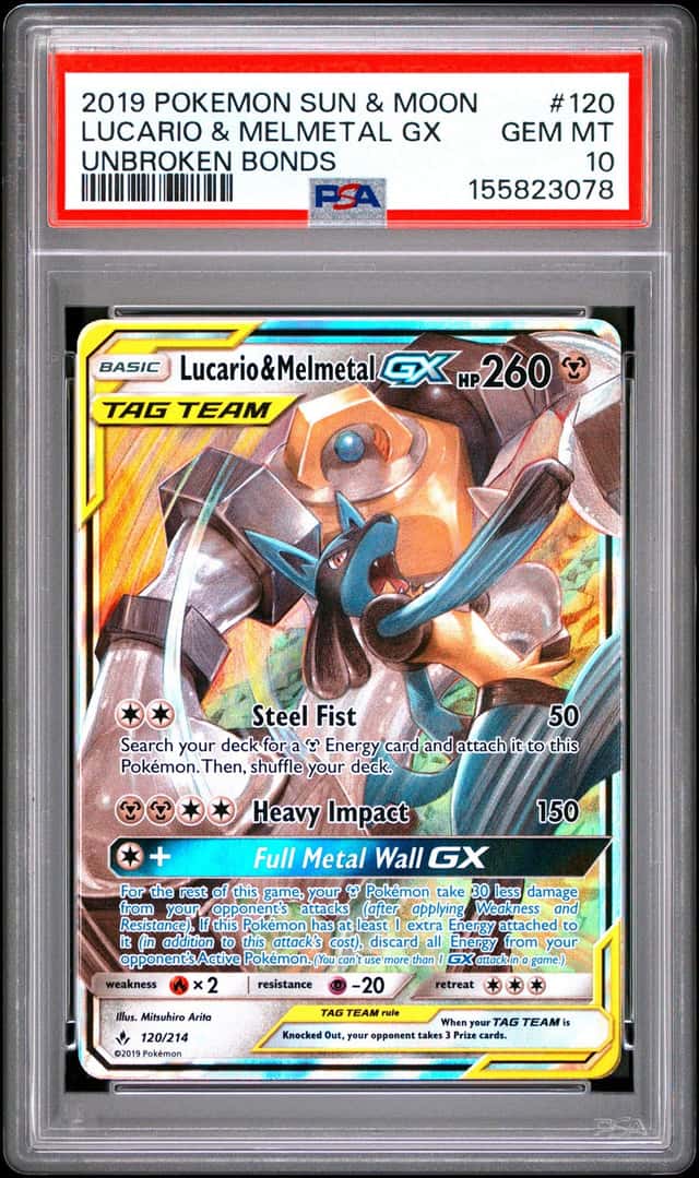 2019 Pokemon Sun & Moon Unbroken Bonds Lucario Melmetal Tag Team #120/214 PSA 10