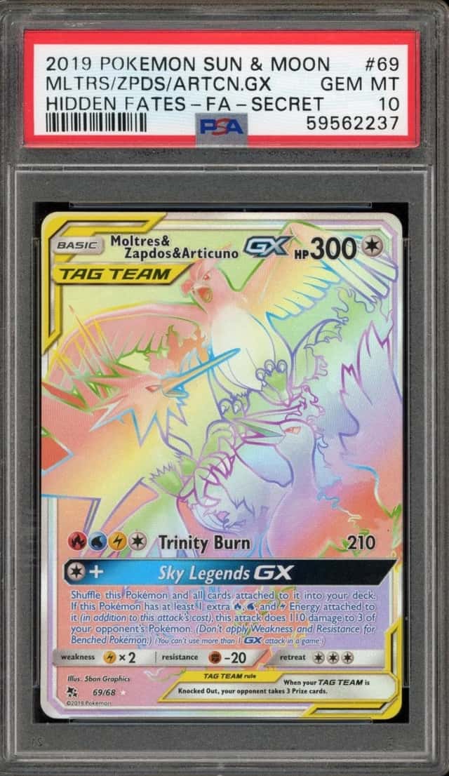 Pokemon Moltres & Zapdos & Articuno Gx Hidden Fates 69/68 Secret Rare PSA 10