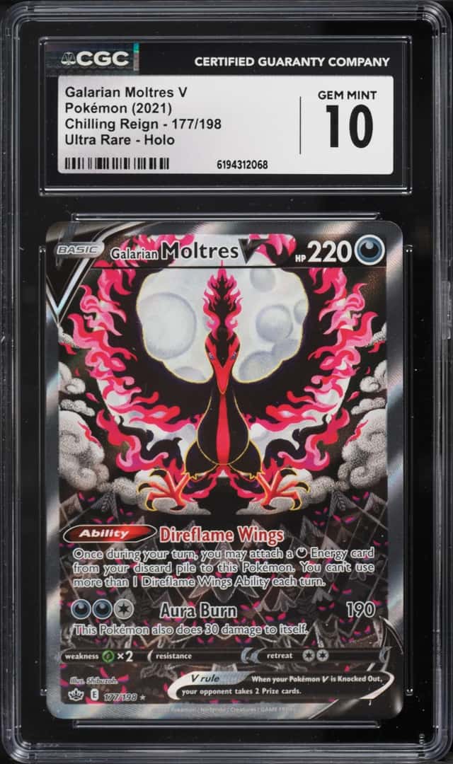2021 Pokemon Sword & Shield Chilling Reign Holo Galarian Moltres V #177 CGC 10 GEM MINT
