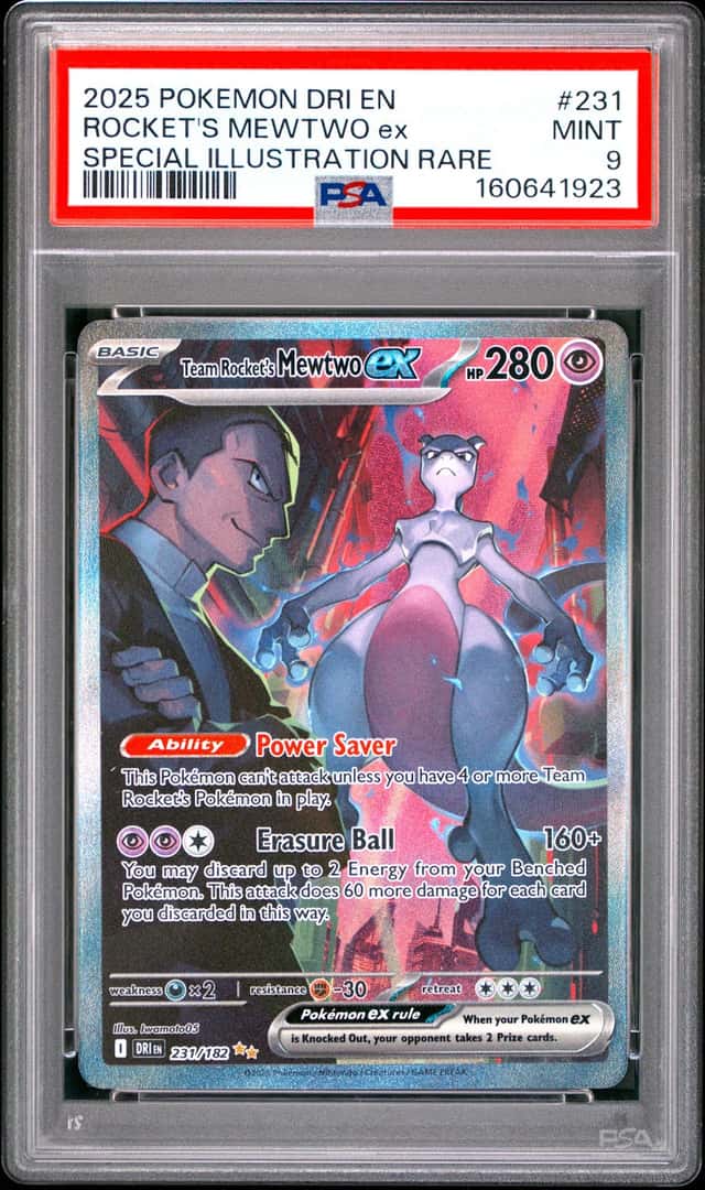 2025 POKEMON DRI EN-SPECIAL ILLUSTRATION RARE #231 TEAM ROCKET'S MEWTWO EX PSA 9