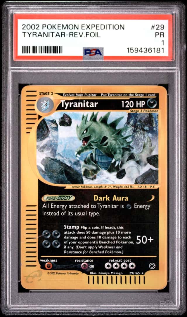 2002 POKEMON EXPEDITION #29 TYRANITAR-REVERSE FOIL PSA 1