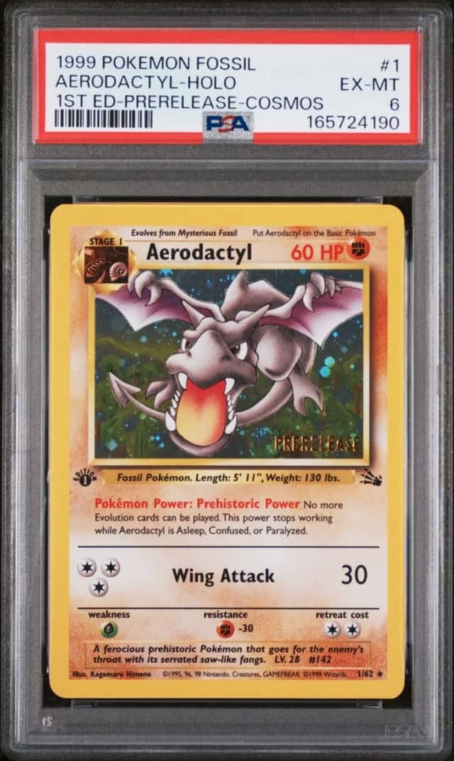 1999 POKEMON FOSSIL 1ST EDITION-PRERELEASE-COSMOS #1 AERODACTYL-HOLO PSA 6