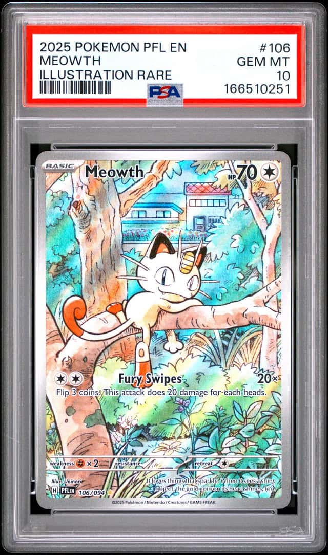 2025 POKEMON PFL EN-PHANTASMAL FLAMES ILLUSTRATION RARE #106 MEOWTH PSA 10