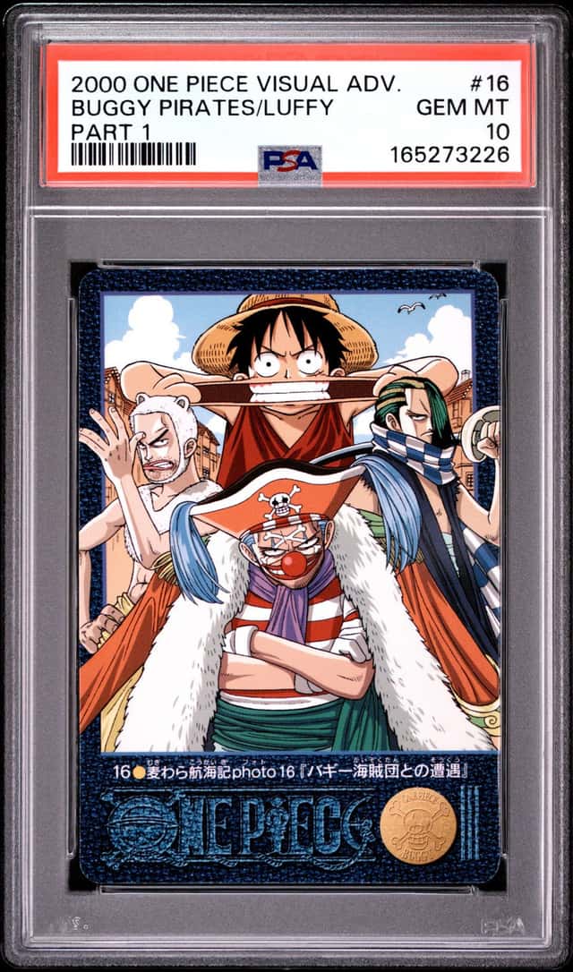 2000 CARDDASS ONE PIECE VISUAL ADVENTURE PART 1 BUGGY/CABAJI/LUFFY/MOHJI PSA 10