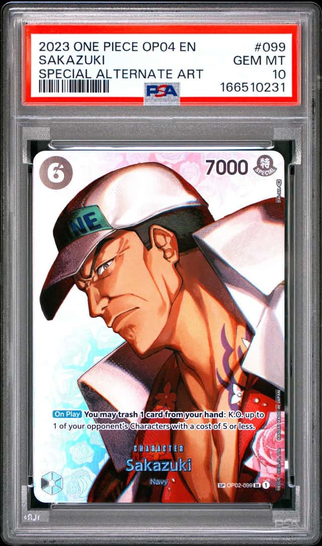 2023 ONE PIECE OP04-KINGDOMS OF INTRIGUE SPECIAL ALTERNATE ART SAKAZUKI PSA 10
