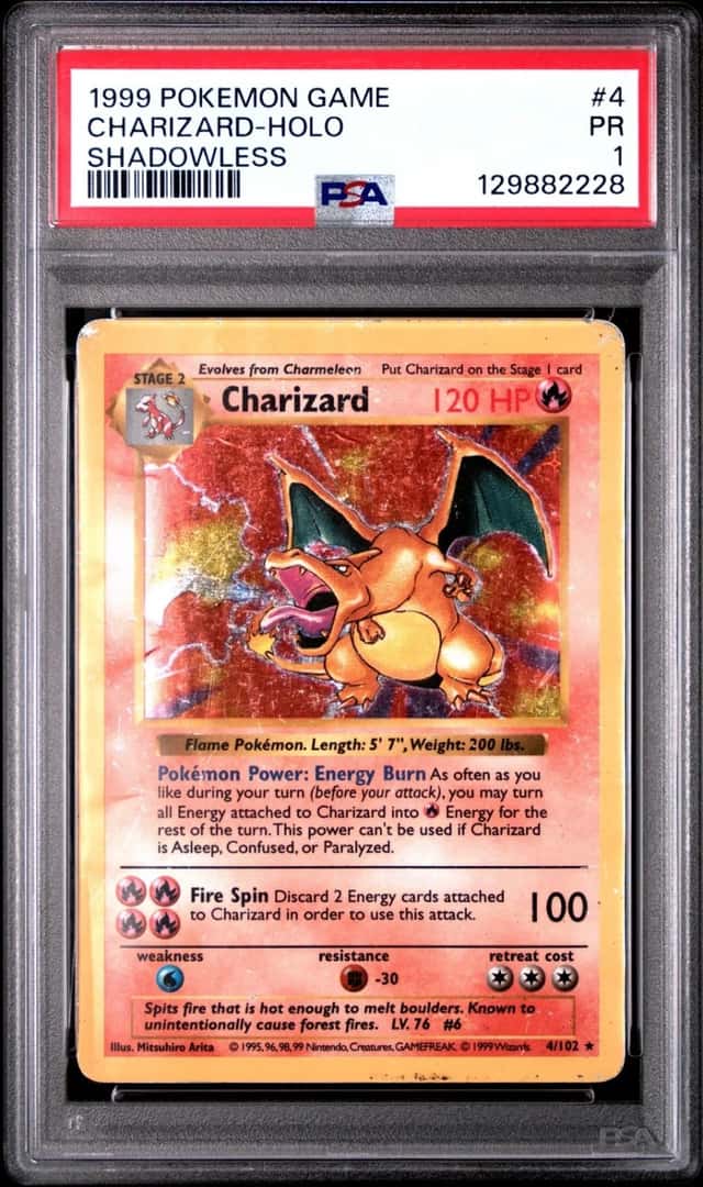 1999 POKEMON BASE SET SHADOWLESS #4 CHARIZARD-HOLO PSA 1