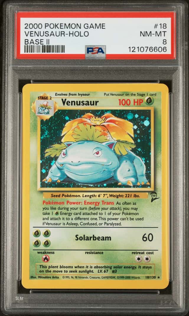 121076606 Venusaur 2000 Pokemon Base Set 2 #18 SWIRL Holo PSA 8