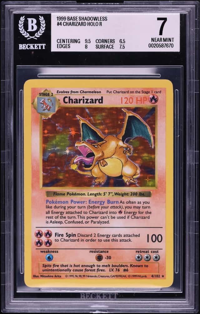 1999 Pokemon Base Set Shadowless Holo Charizard #4 BGS 7 NRMT