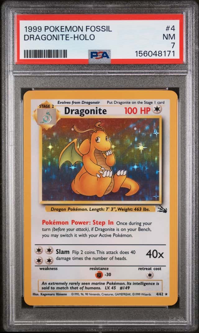 Pokemon 1999 Fossil Dragonite 4/62 Holo Rare English PSA 7 Graded