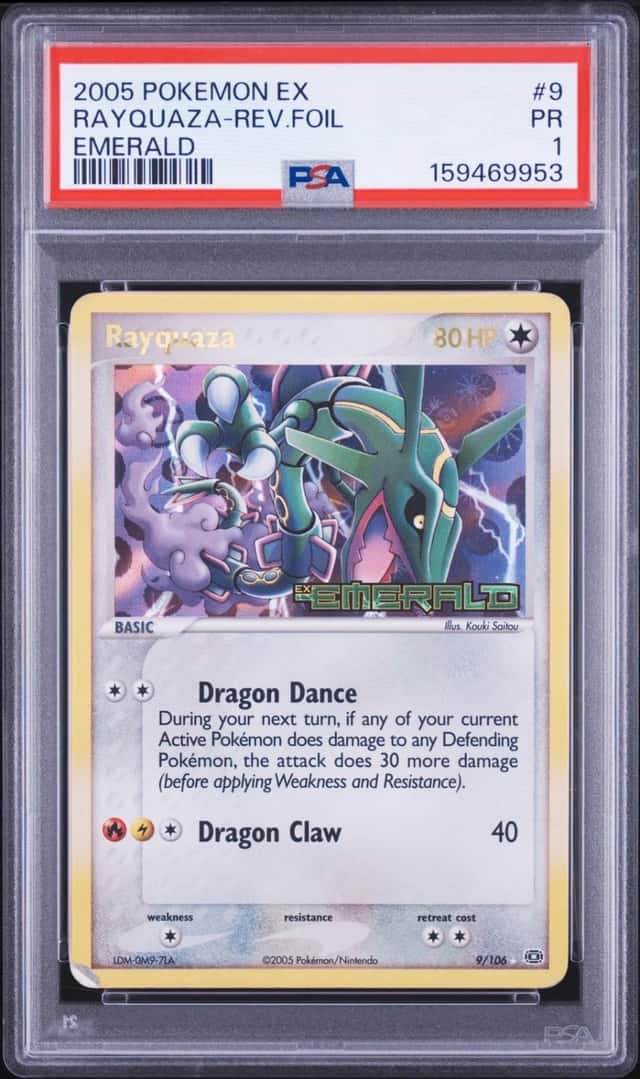 2005 POKEMON EX EMERALD #9 RAYQUAZA-REVERSE FOIL PSA 1
