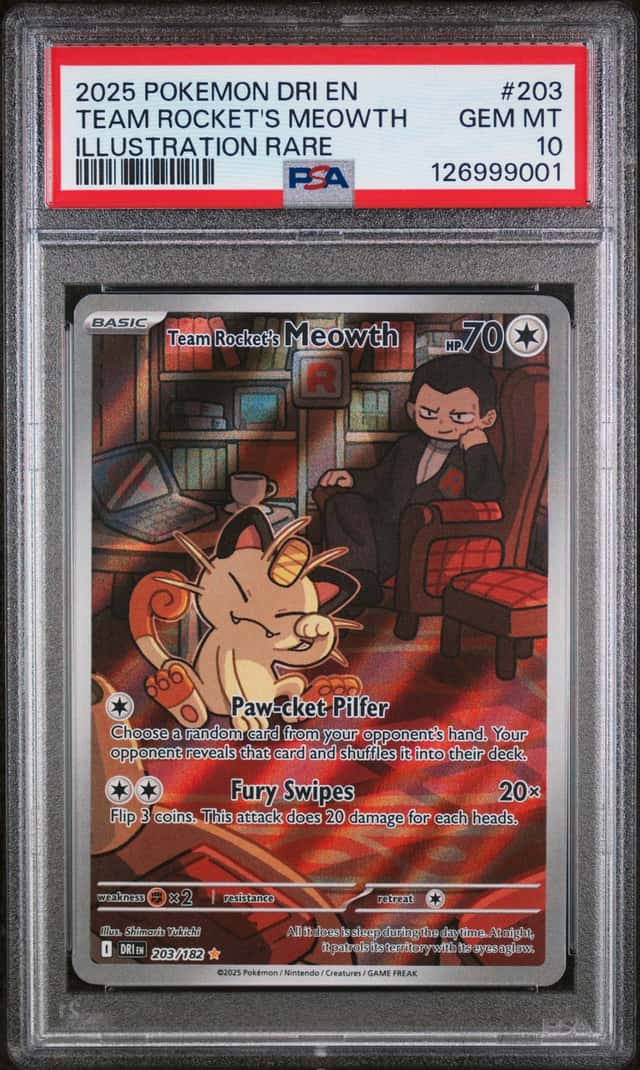 2025 Pokemon Scarlet & Violet Destined Rivals IR Team Rocket's Meowth #203 PSA 10 GEM MINT