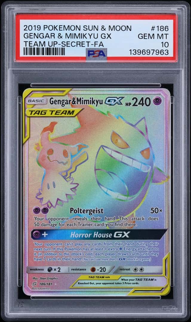 2019 Pokemon Sun & Moon Team Up Rainbow Rare Gengar & Mimikyu GX #186 PSA 10 GEM MINT