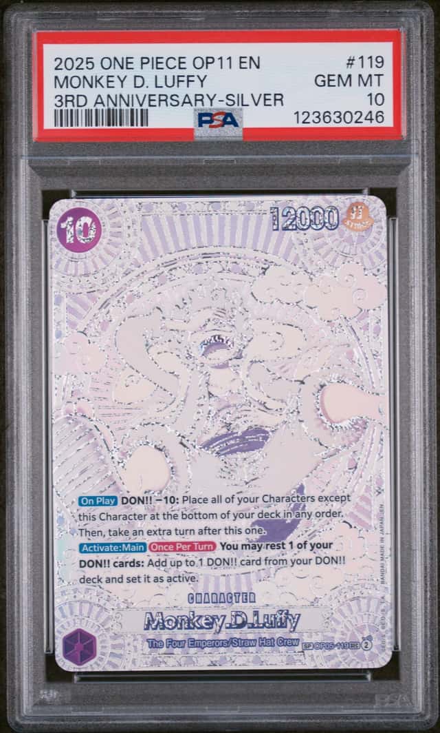 PSA 10 CARD ONE PIECE MONKEY D LUFFY 3RD ANNIVERSARY SILVER OP11 ENG CARD 119