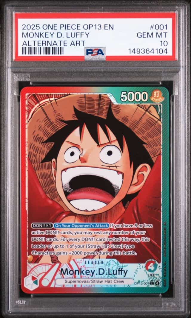 MONKEY D. LUFFY 2025 ONE PIECE CARRYING WILL ALT ART L OP13-001 B PSA 10 Q0646