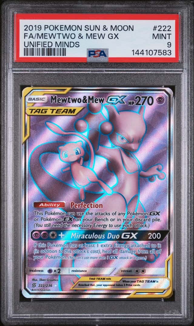 2019 POKEMON TAG TEAM UNIFIED MINDS #222 FULL ART HOLO MEWTWO & MEW GX PSA 9