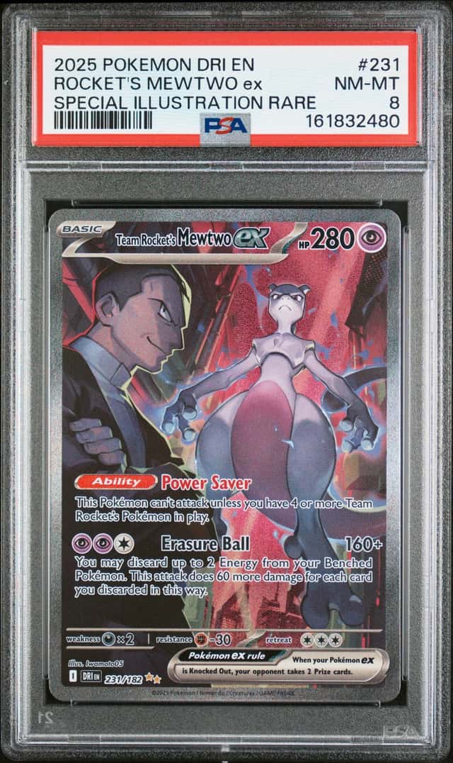 2025 POKEMON DRI SPECIAL ILLUSTRATION RARE #231 TEAM ROCKET'S MEWTWO EX PSA 8