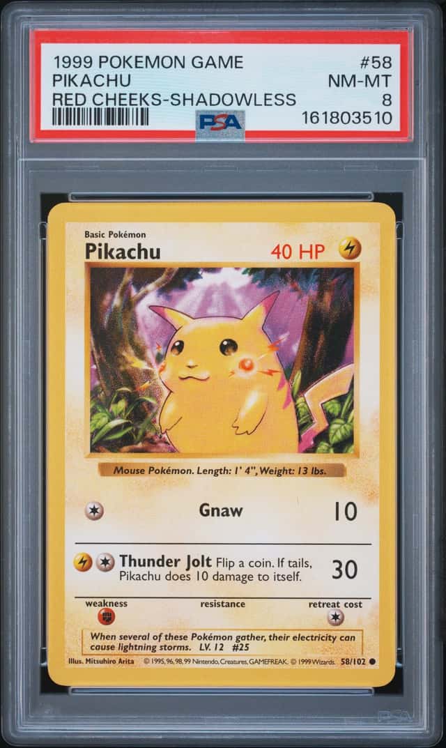 1999 POKEMON BASE SET RED CHEEKS-SHADOWLESS #58 PIKACHU PSA 8