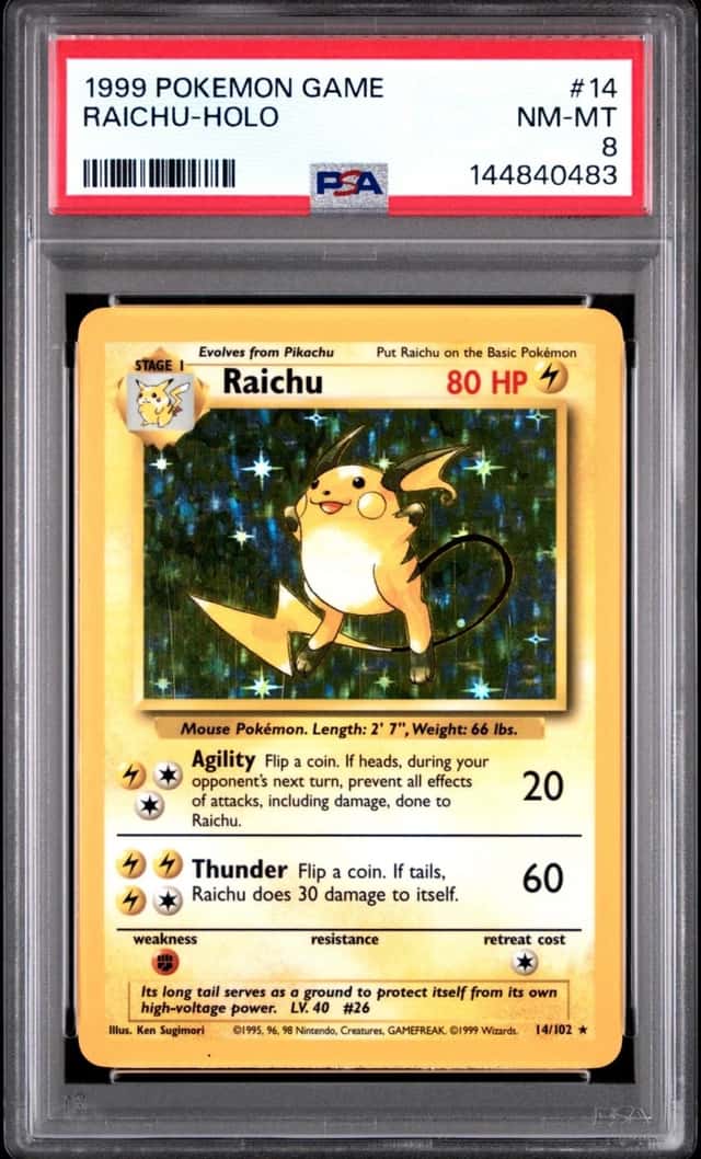 1999 POKEMON BASE SET UNLIMITED #14 RAICHU-HOLO PSA 8
