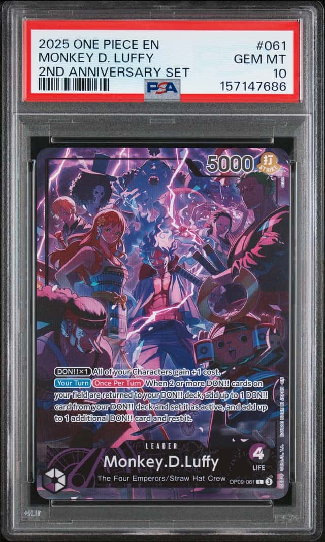 One Piece 2025 Monkey D. Luffy OP09-061 Leader 2nd Anniversary Set GEM MT PSA 10