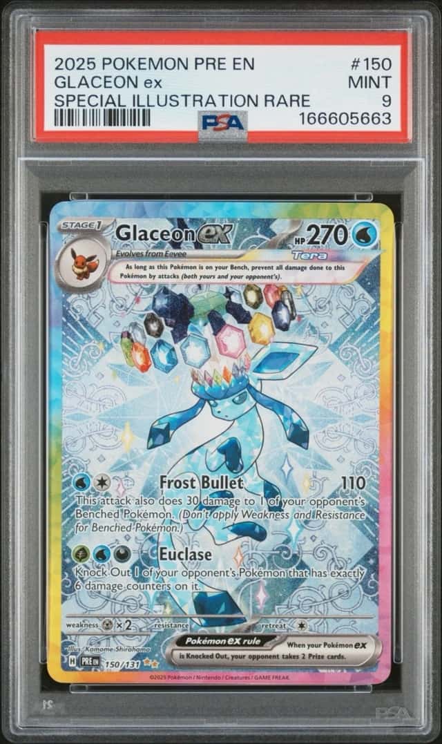 2025 Pokémon Prismatic Evolutions 150/131 Glaceon Ex SIR PSA 9 MINT