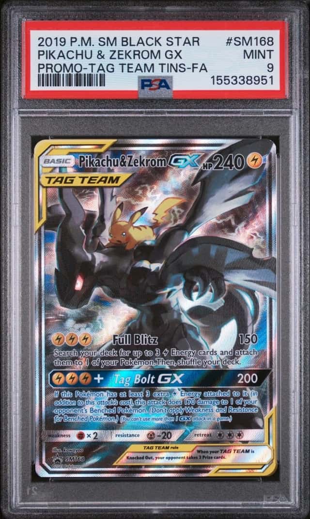 2019 POKEMON SM TAG TEAM TINS #SM168 FULL ART/PIKACHU & ZEKROM GX PSA 9