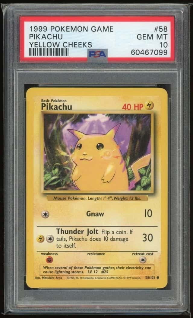 1999 Pokémon Game Pikachu Yellow Cheeks Base Set Unlimited Card #58/102 PSA 10