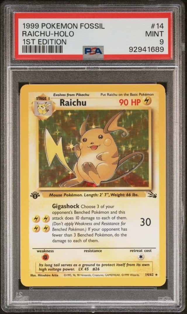 Pokemon Raichu Holo Fossil 14/62 1st Edition PSA 9 Mint