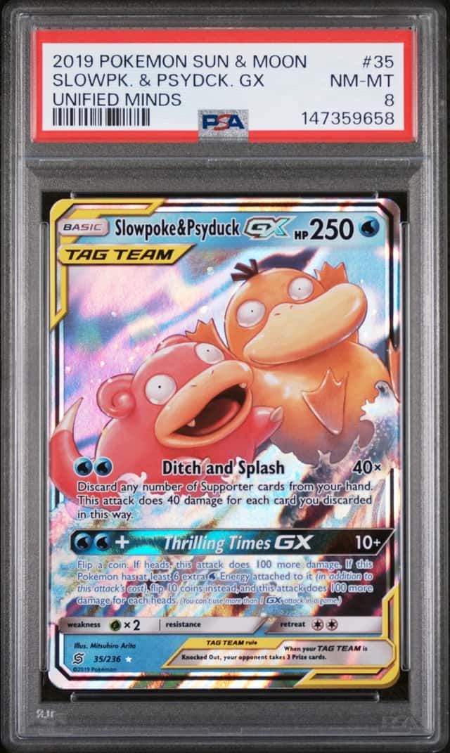 2019 Pokemon Sun & Moon Unified Minds #35 Slowpoke & Psyduck GX PSA 8