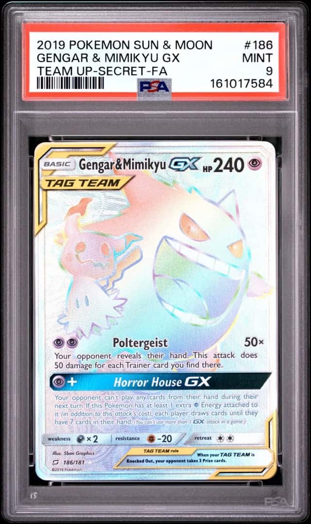2019 POKEMON SUN & MOON TEAM UP SECRET #186 FULL ART/GENGAR & MIMIKYU GX PSA 9