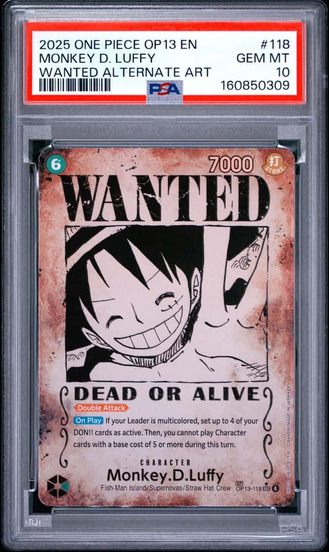 One Piece Monkey D Luffy Wanted Alternate Art OP13-118 PSA 10 Gem Mint