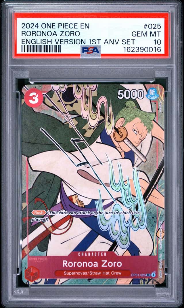 2024 ONE PIECE ENGLISH VERSION 1ST ANNIVERSARY SET #025 RORONOA ZORO PSA 10